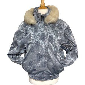 Vintage FERA skiwear 14 metallic silver print jacket with fur trim hood